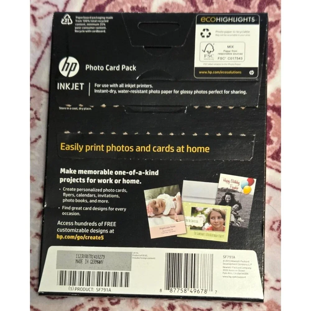 HP Photo Card Pack 5x7 Paper w/ Envelopes (10) 4x6 Paper (5) SF791A Glossy